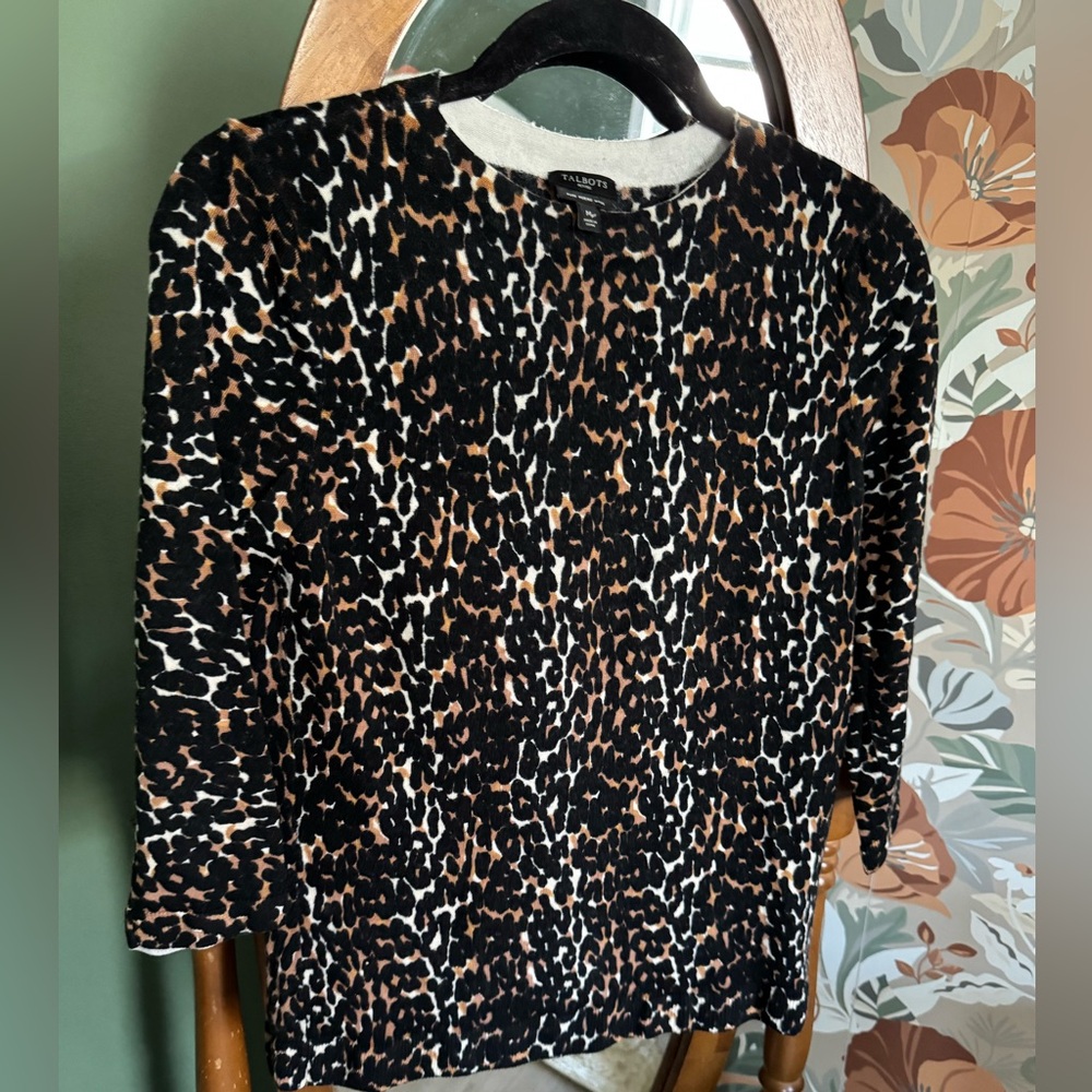 Talbots Leopard-Print 3/4 Sleeve Pure Merino Wool Lightweight Audrey Sweater